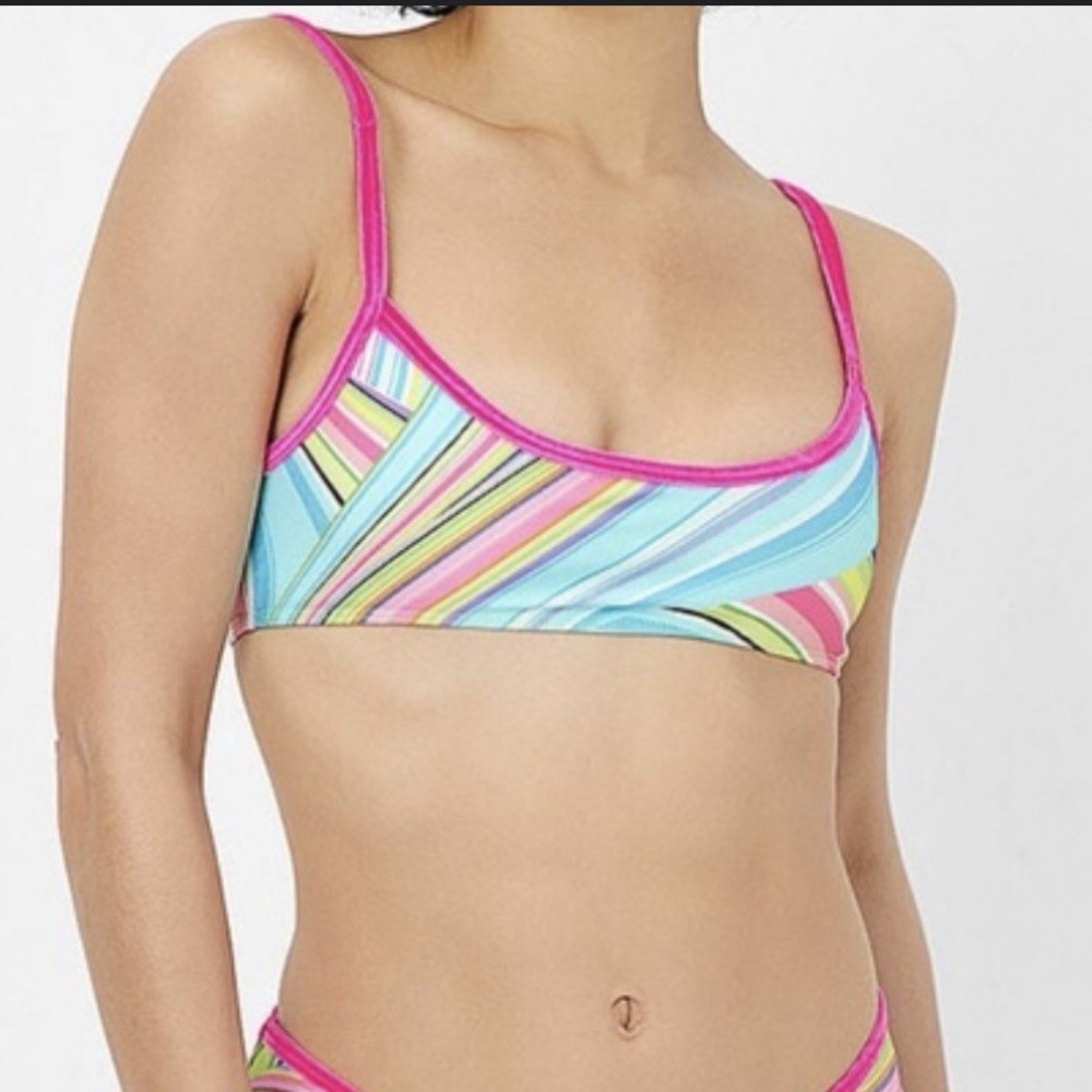 Frankie’s Bikinis Multicolor Stripe Bralette Bikini Top | Pink Trim | Retro Swim